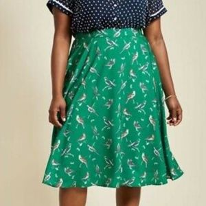 Modcloth Green Bird Print Circle Skirt